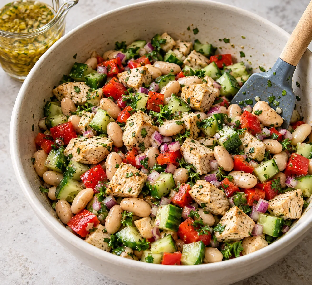 Cooked chicken, cannellini beans, cucumber, and red pepper being folded together in a mixing bowl