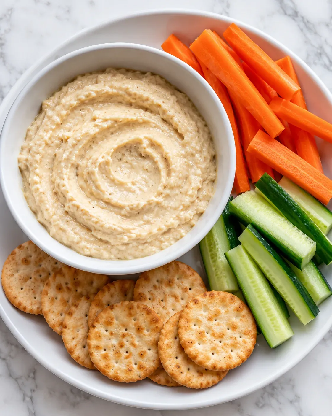 Creamy white bean dip with carrot sticks, cucumber sticks, and crackers.
