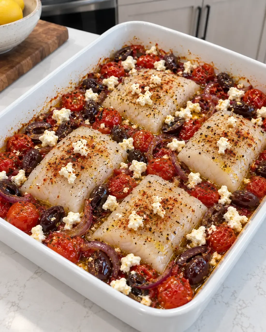 Four seasoned cod fillets nestled among roasted tomatoes and olives with feta before the final bake.