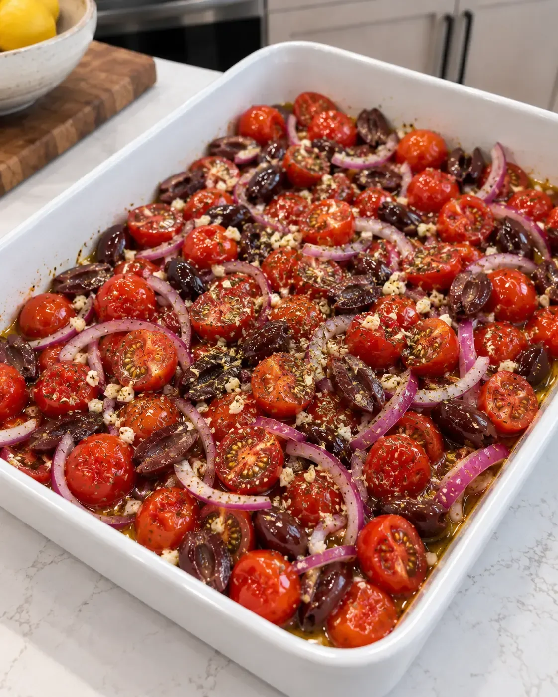 Halved cherry tomatoes, Kalamata olives, red onion, and garlic seasoned in a white baking dish before roasting.