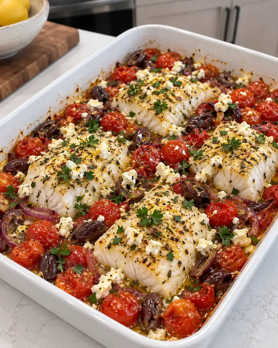 Four baked cod fillets with cherry tomatoes, Kalamata olives, crumbled feta, and parsley in a white baking dish.
