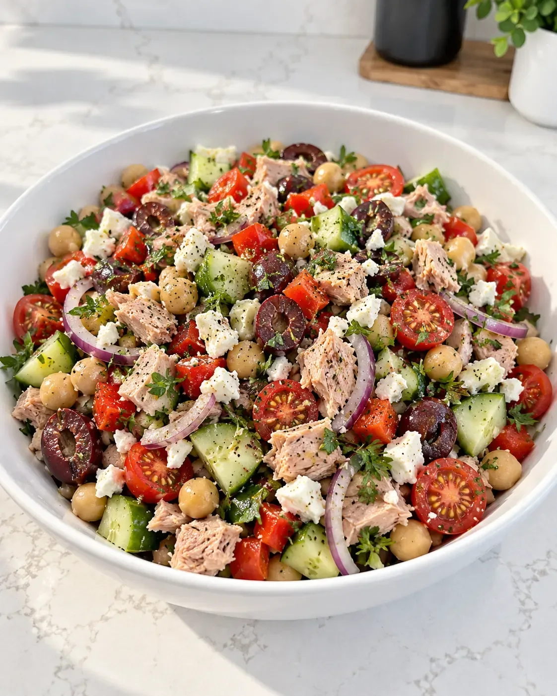 Mediterranean tuna and chickpea salad with cucumber, tomatoes, Kalamata olives, feta, and parsley in a white bowl