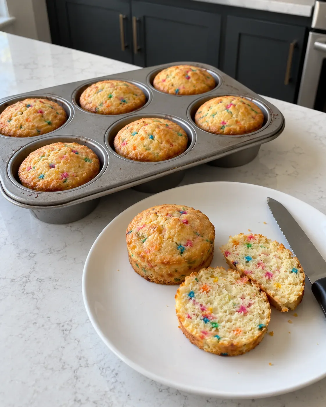 Six small funfetti cakes baked in a muffin pan, with one cooled cake split into two layers on a plate.