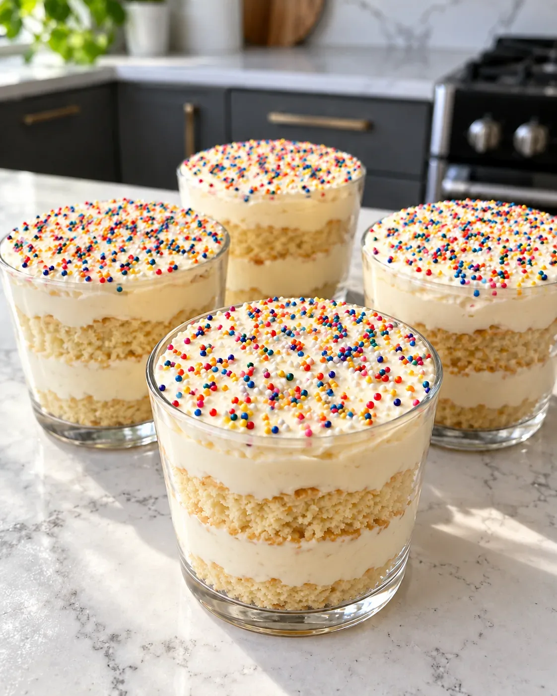Four clear cups layered with vanilla funfetti protein cake and cream frosting, topped with rainbow nonpareils.