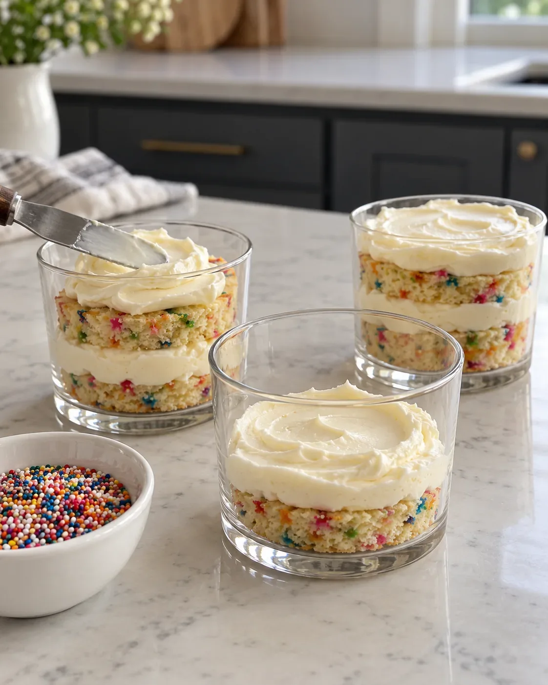Clear dessert cups at different assembly stages with cake and frosting layers, with rainbow nonpareils still in a separate bowl.