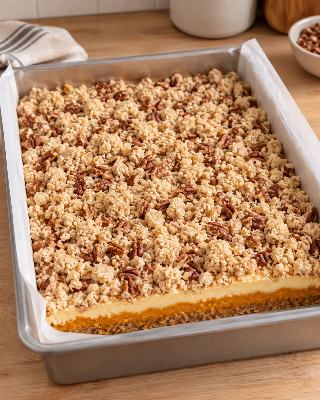 Unbaked cinnamon crumble and chopped pecans scattered over cheesecake in a parchment-lined pan.