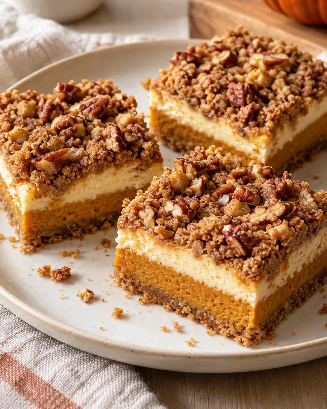 Three pumpkin cheesecake bars on an ivory plate, showing graham crust, pumpkin, cheesecake, and pecan crumble layers.