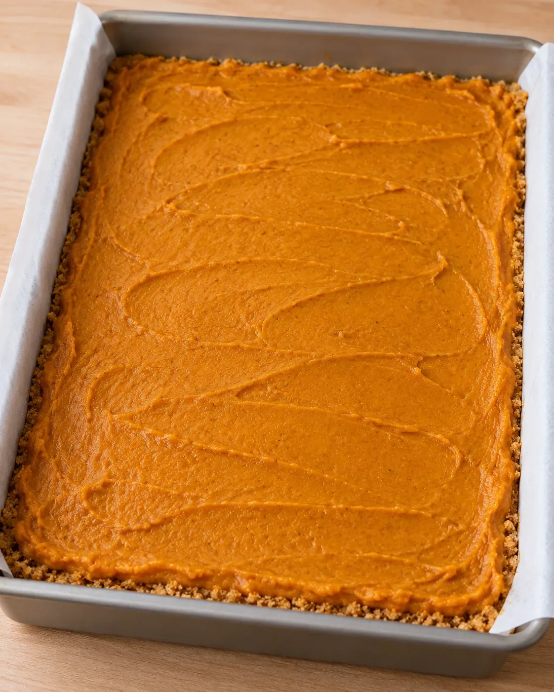 Smooth spiced pumpkin layer spread over baked graham cracker crust in a parchment-lined pan.