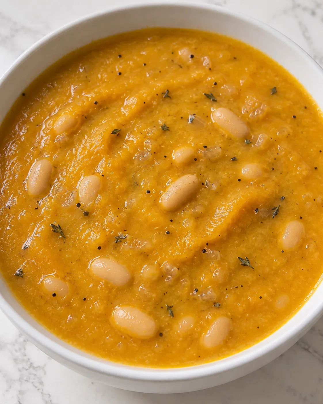 Roasted Butternut Squash Soup with White Beans in a shallow white bowl, with whole white beans visible