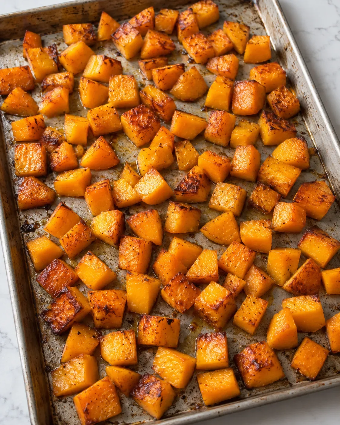 Roasted butternut squash cubes with lightly browned edges on a rimmed sheet pan