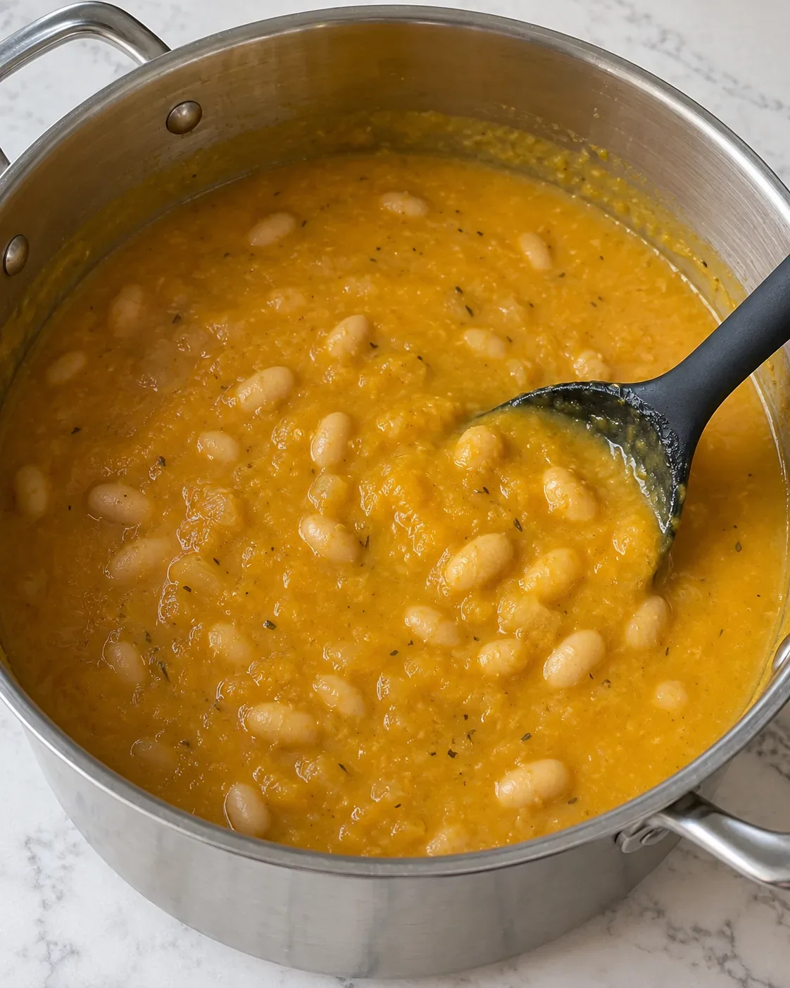Thick roasted squash soup with whole Great Northern beans being stirred in a stainless soup pot