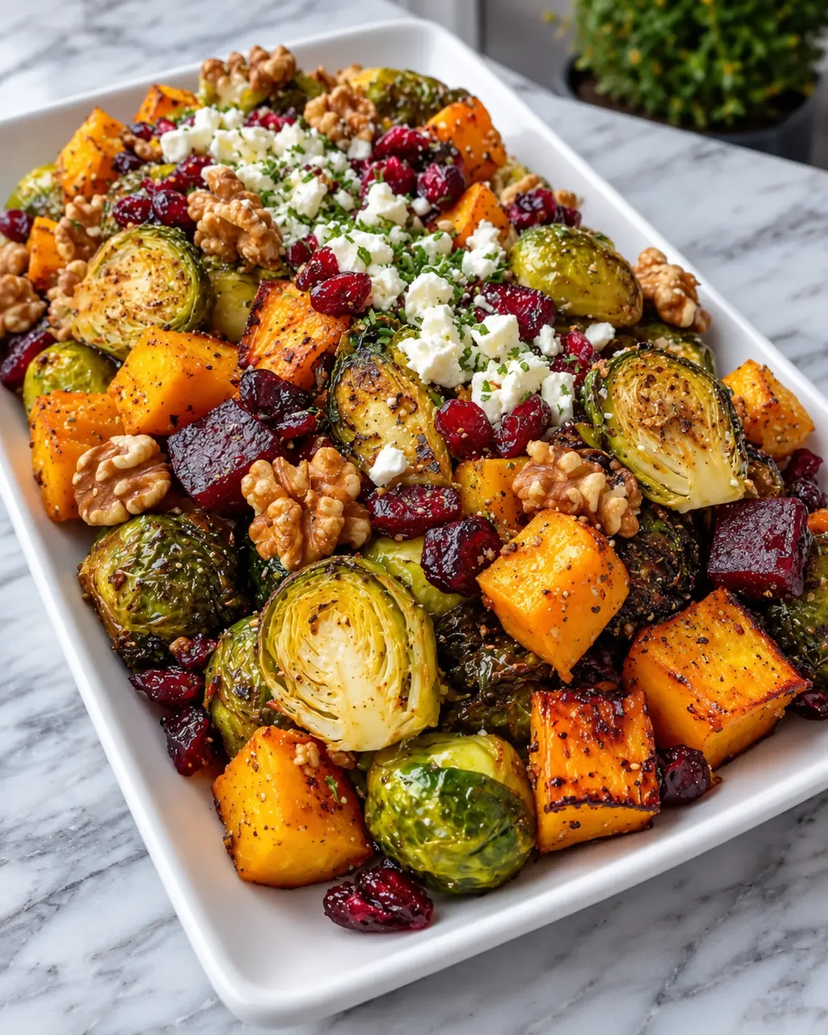 Roasted Brussels sprouts, sweet potato, squash, and beets topped with feta, walnuts, and dried cranberries.