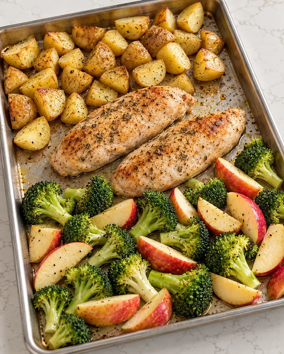 Partly roasted sage-seasoned turkey and potatoes on a sheet pan with newly added broccoli florets and red-skinned apple wedges