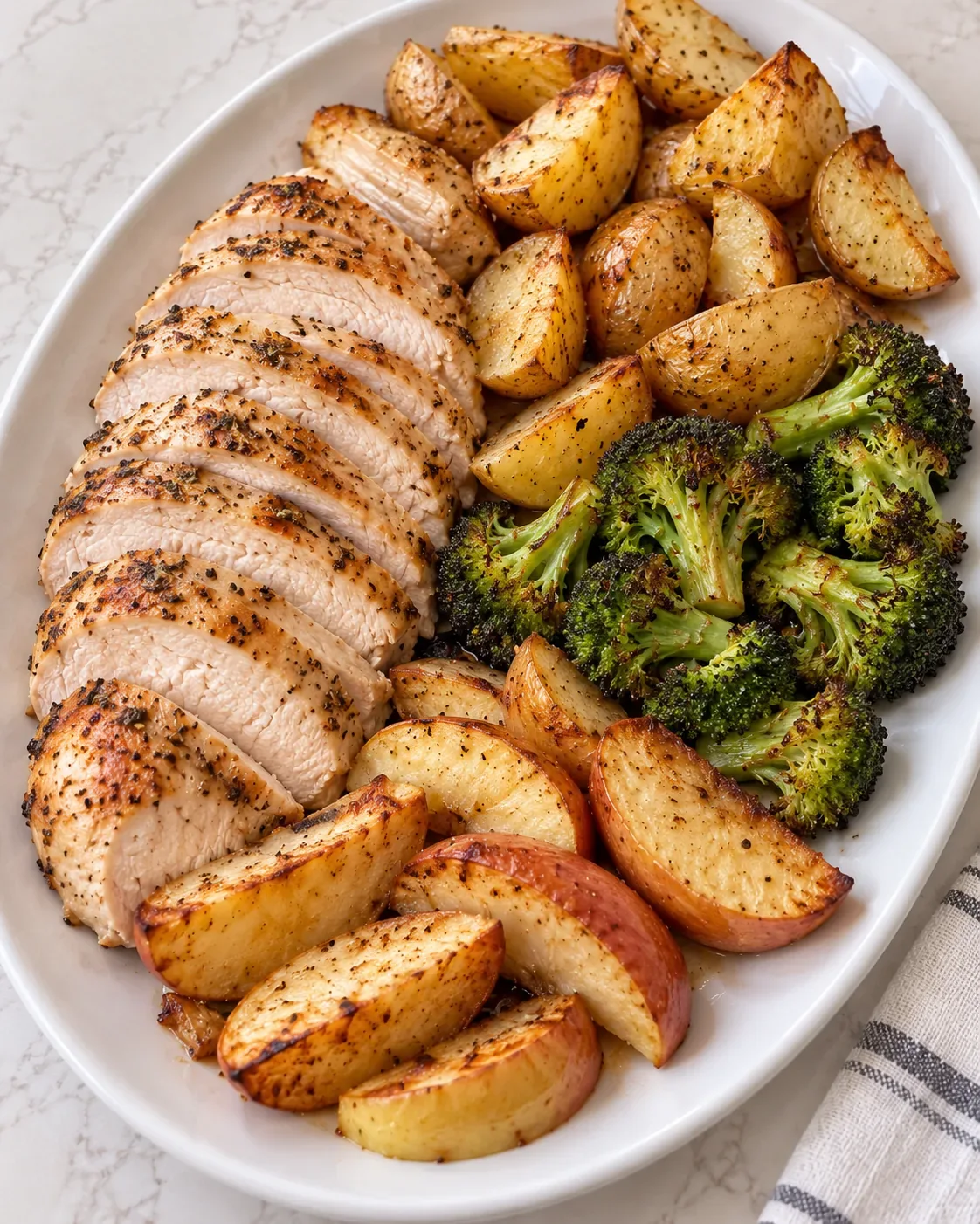 Sliced sage-roasted turkey tenderloin with golden potatoes, broccoli, and roasted apple wedges on a white platter