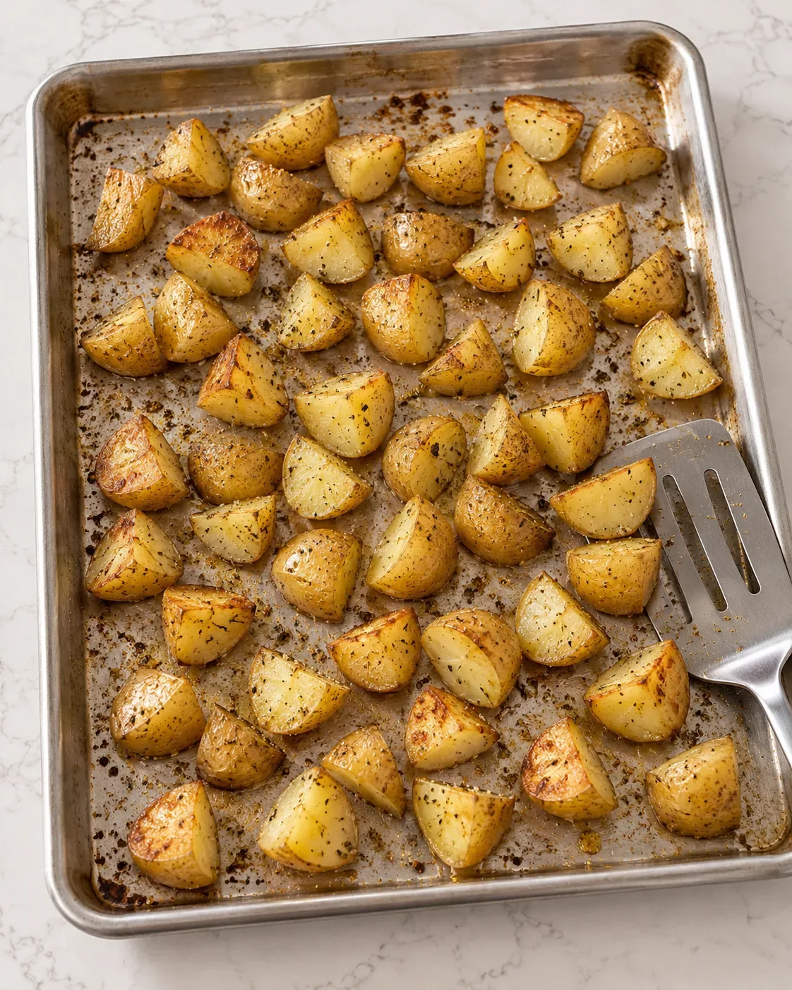 Quartered baby gold potatoes beginning to brown in one layer on a rimmed metal sheet pan