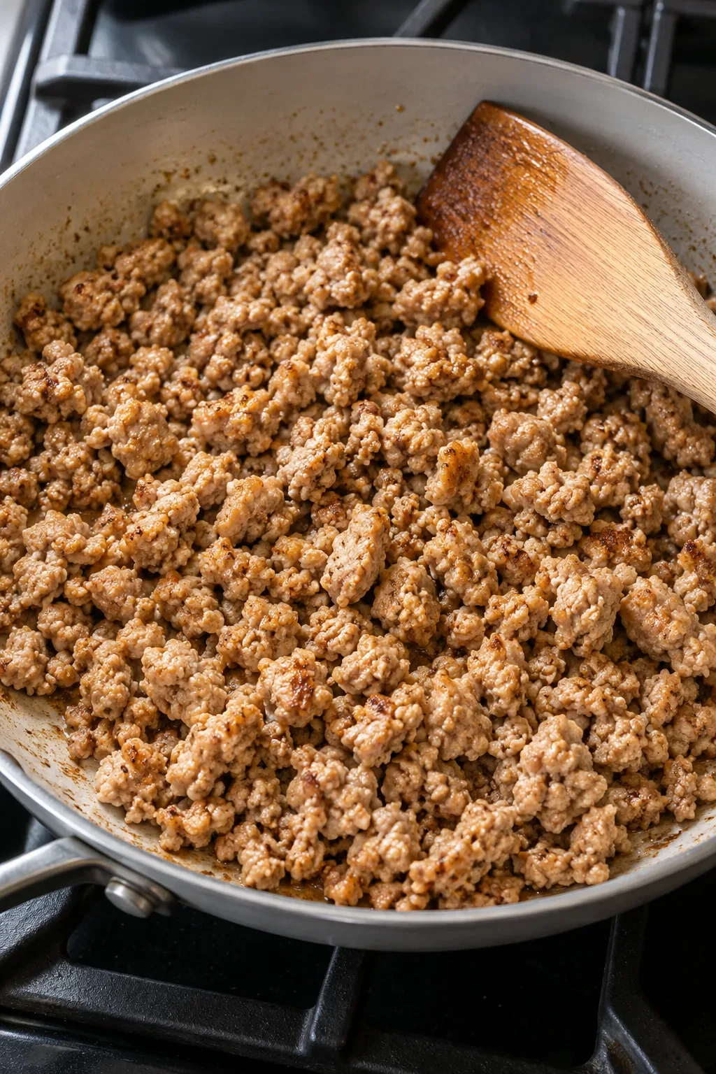 Ground turkey browning in a skillet before being added to the chili.