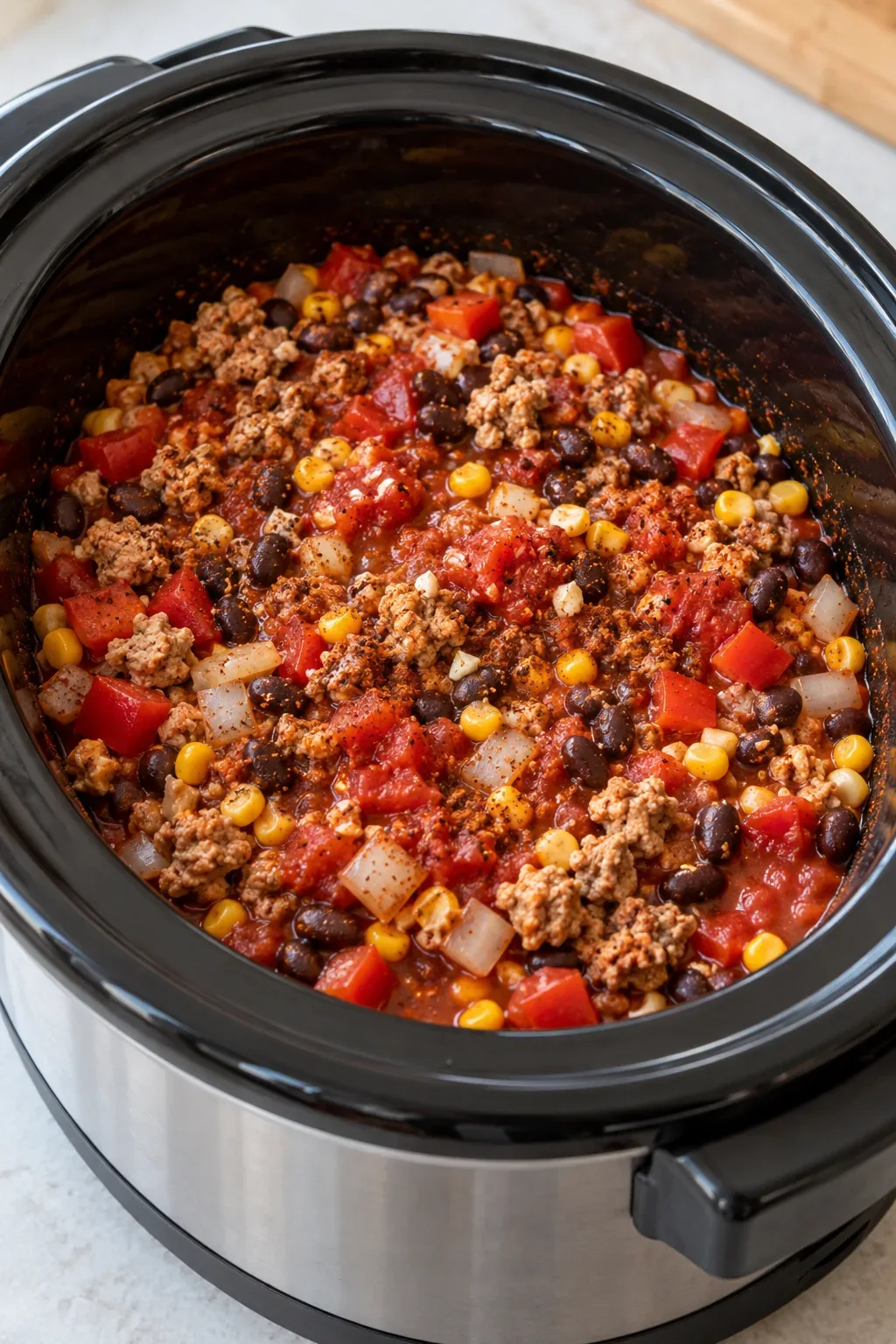 Ground turkey, black beans, tomatoes, corn, peppers, and onions in a slow cooker before cooking.