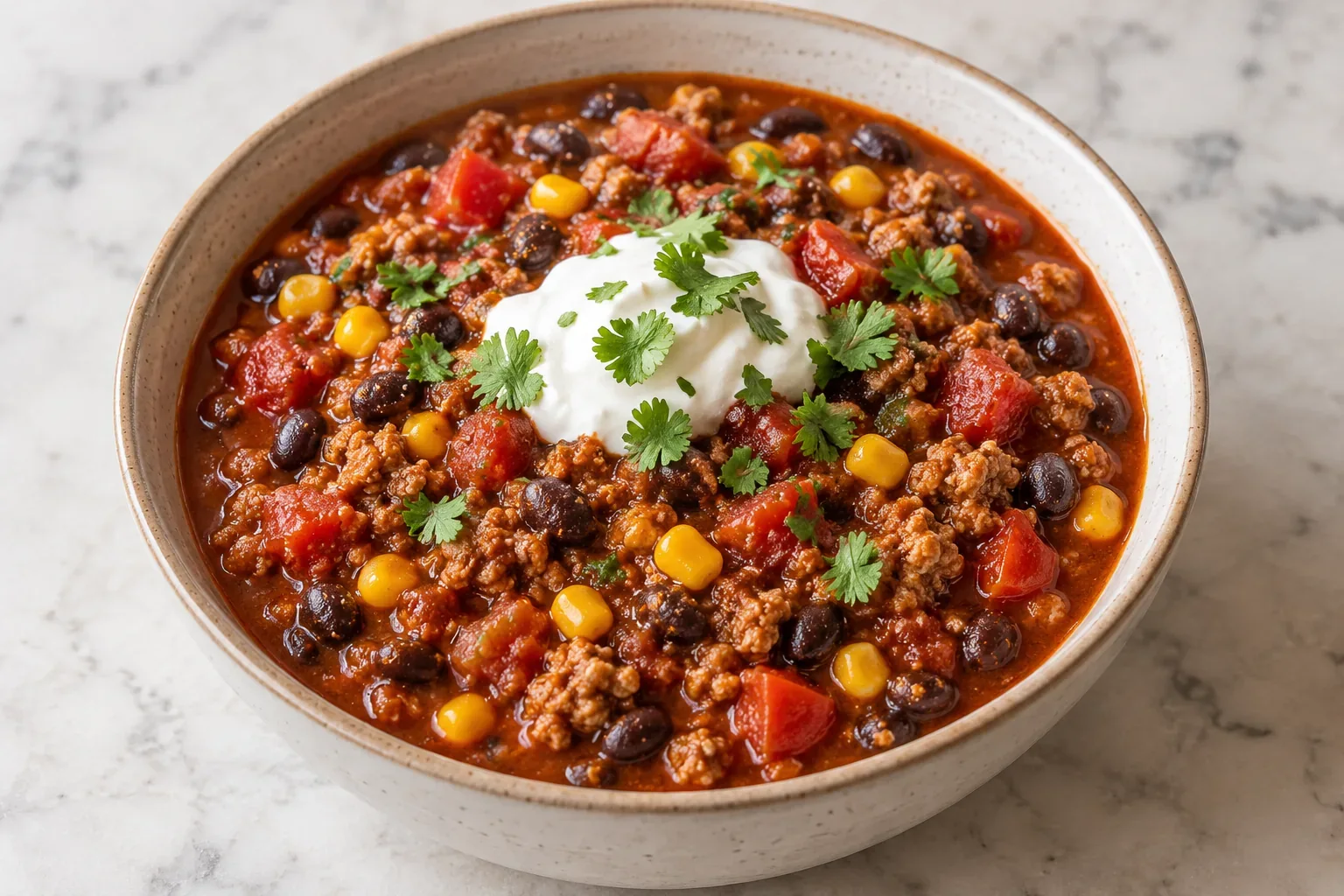 A bowl of slow cooker turkey and black bean chili with tomatoes, corn, a spoonful of Greek yogurt, and cilantro.