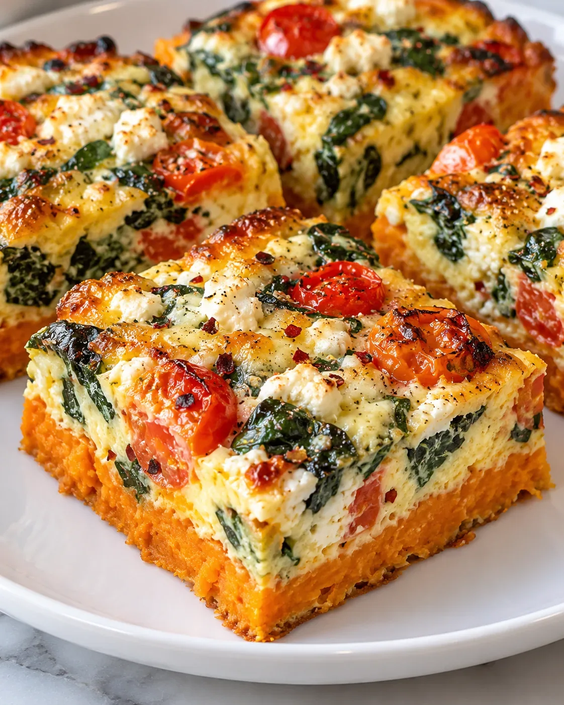 Baked sweet potato crust egg bake cut into squares on a white plate, showing orange sweet potato, spinach, cherry tomatoes, and feta.