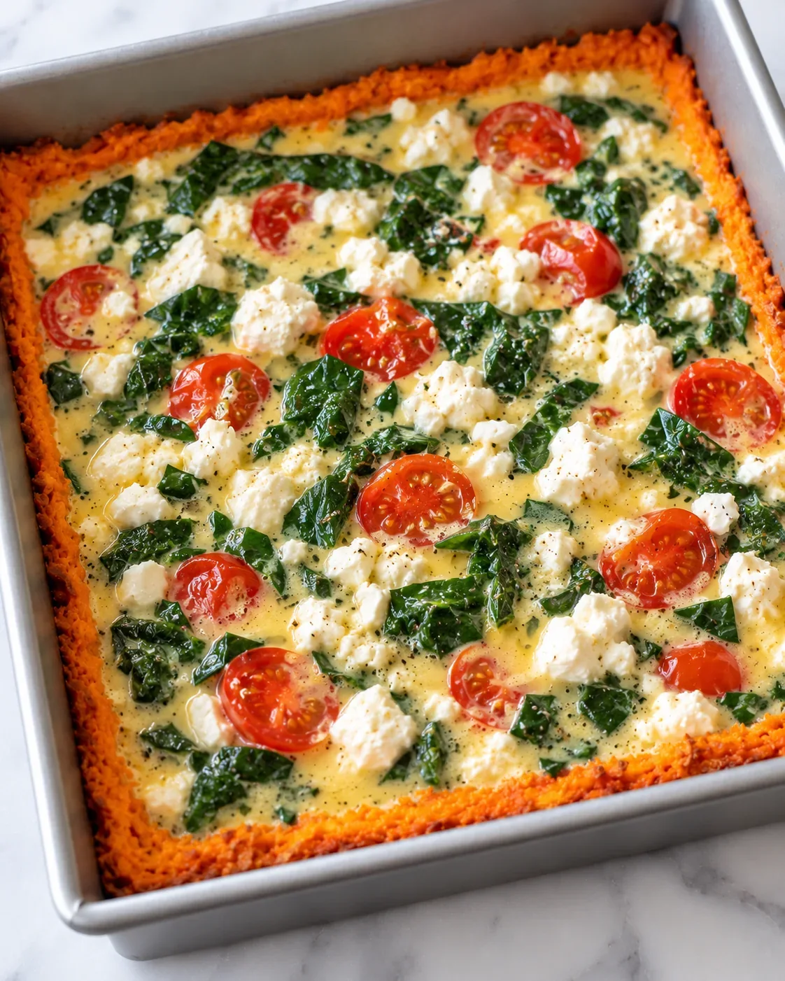 Unbaked eggs and cottage cheese with wilted spinach, halved cherry tomatoes, and feta over the orange sweet potato crust in a square pan.