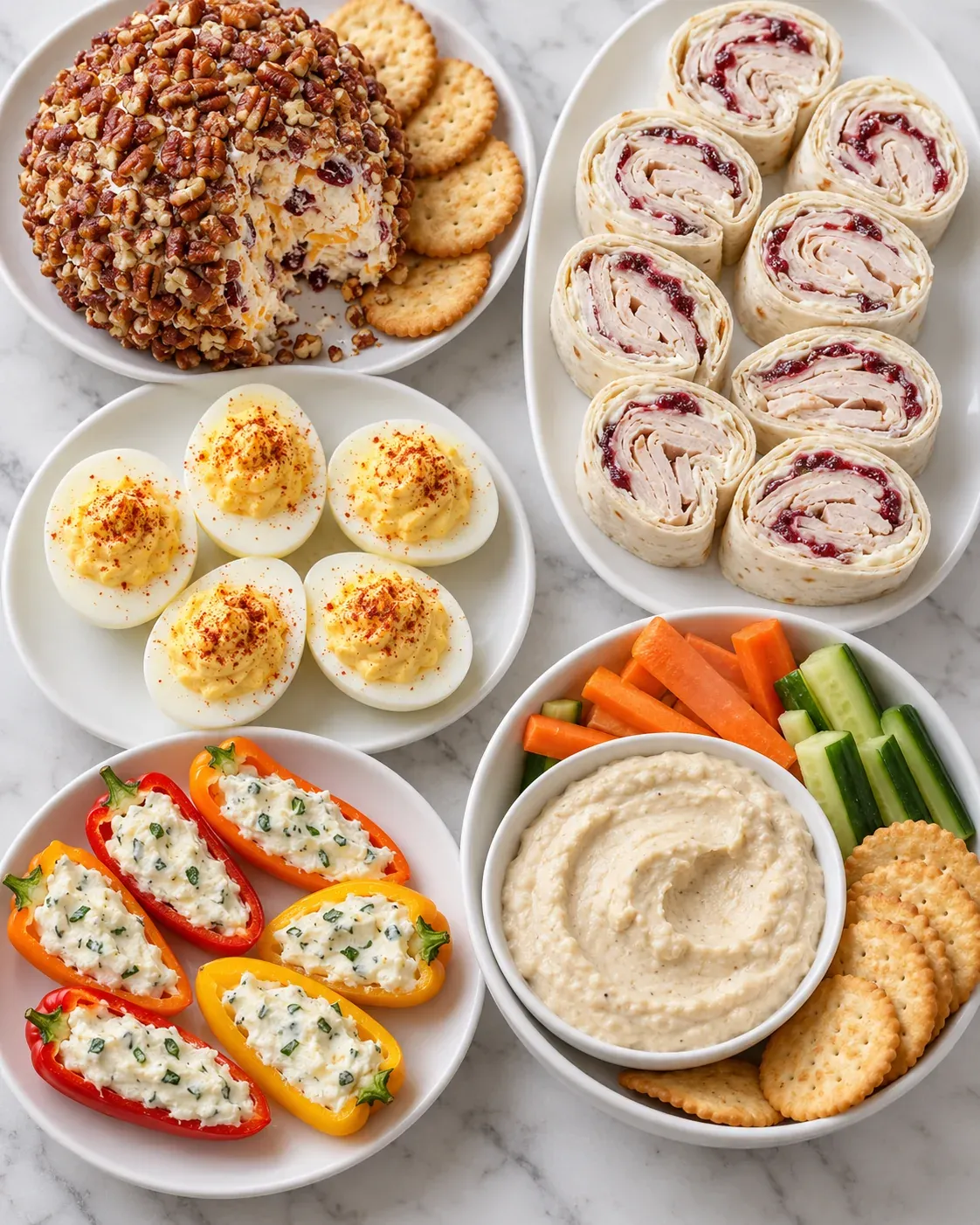 Five Thanksgiving appetizers on white dishes: cheese ball, turkey pinwheels, deviled eggs, stuffed peppers, and white bean dip.
