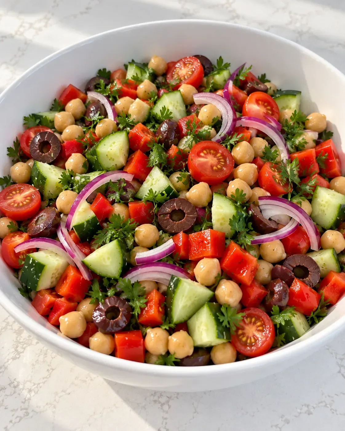 Drained chickpeas with chopped cucumber, tomatoes, red pepper, red onion, Kalamata olives, and parsley before dressing