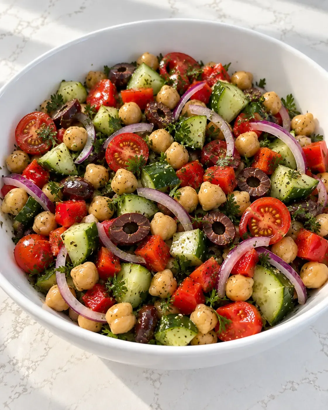 Chickpeas and chopped vegetables coated in lemon-olive oil dressing before tuna and feta are added