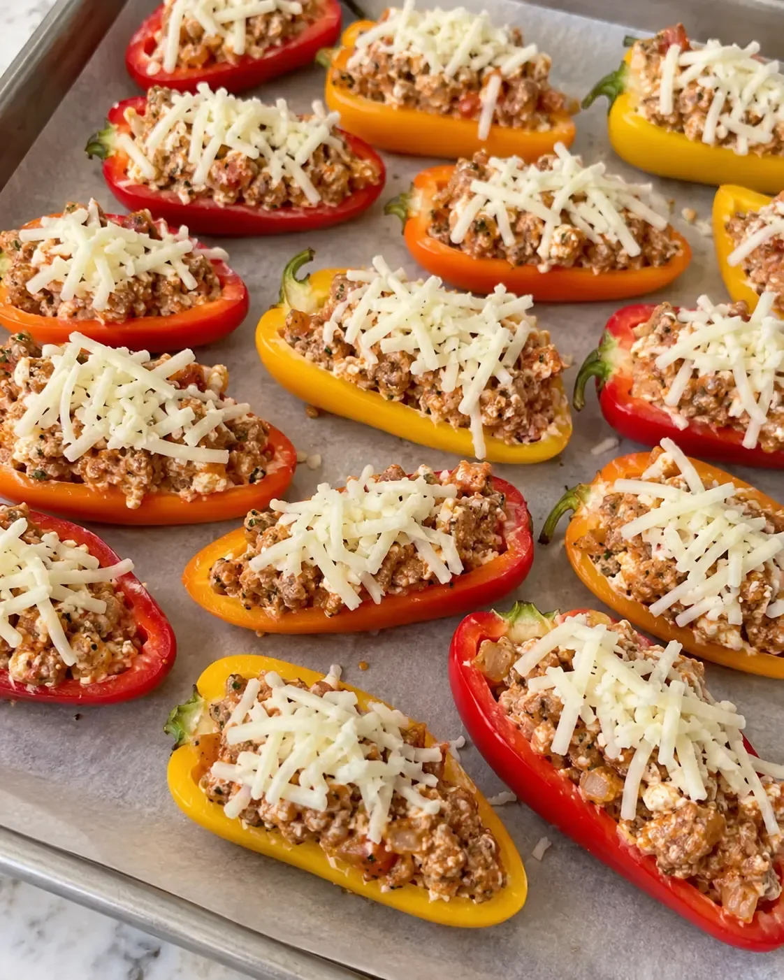 Mini sweet pepper halves filled with turkey and cottage cheese and topped with shredded mozzarella on a parchment-lined baking sheet before baking.