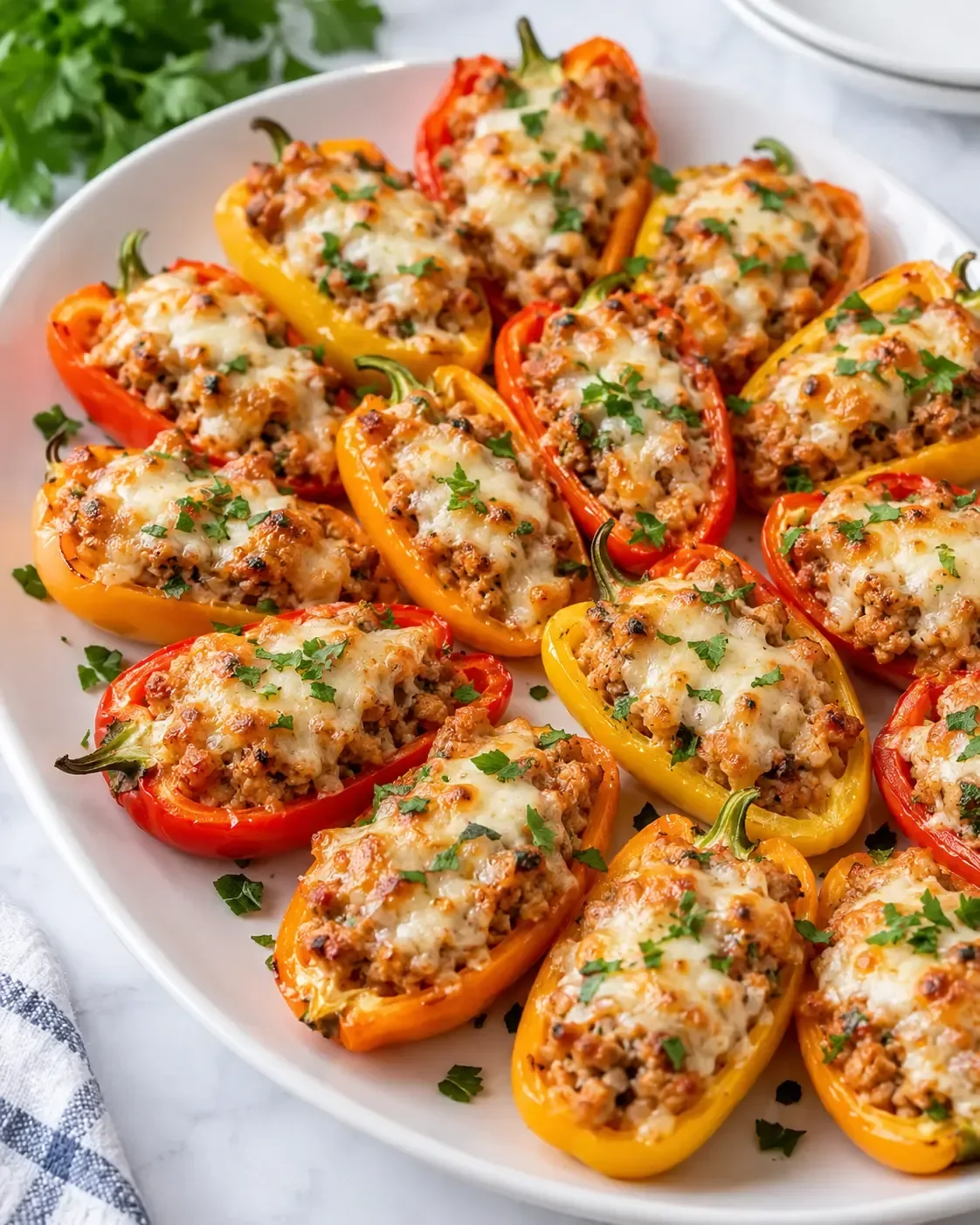 Baked red, yellow, and orange mini sweet pepper halves filled with ground turkey and cottage cheese, topped with melted mozzarella and parsley.
