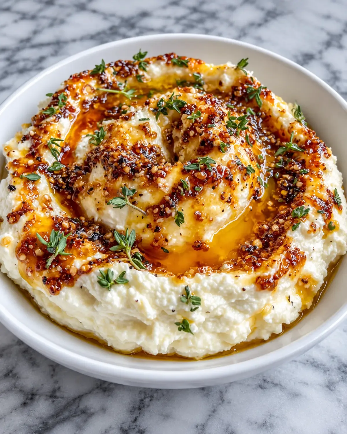 Whipped feta and cottage cheese in a white bowl topped with hot honey, red pepper flakes, and fresh thyme.