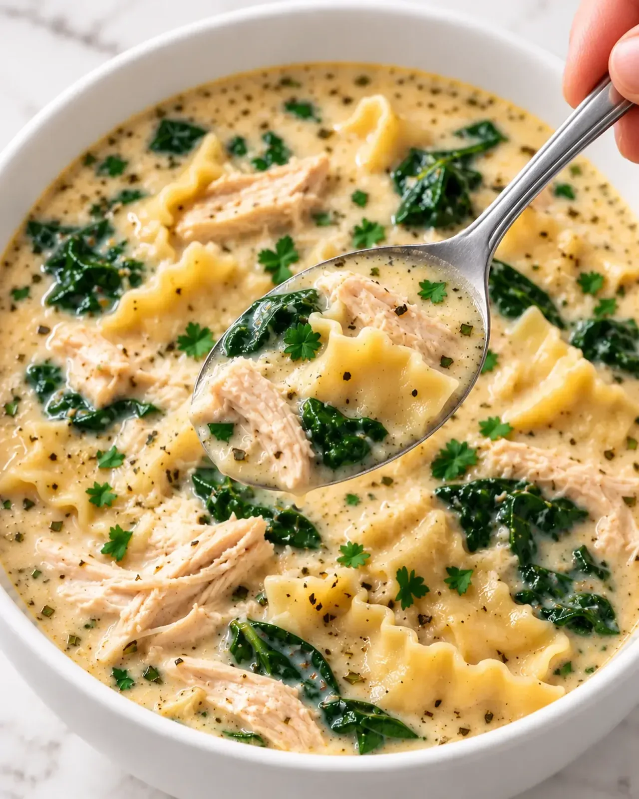 Spoonful of creamy chicken lasagna soup showing shredded chicken, tender lasagna noodles, and spinach.