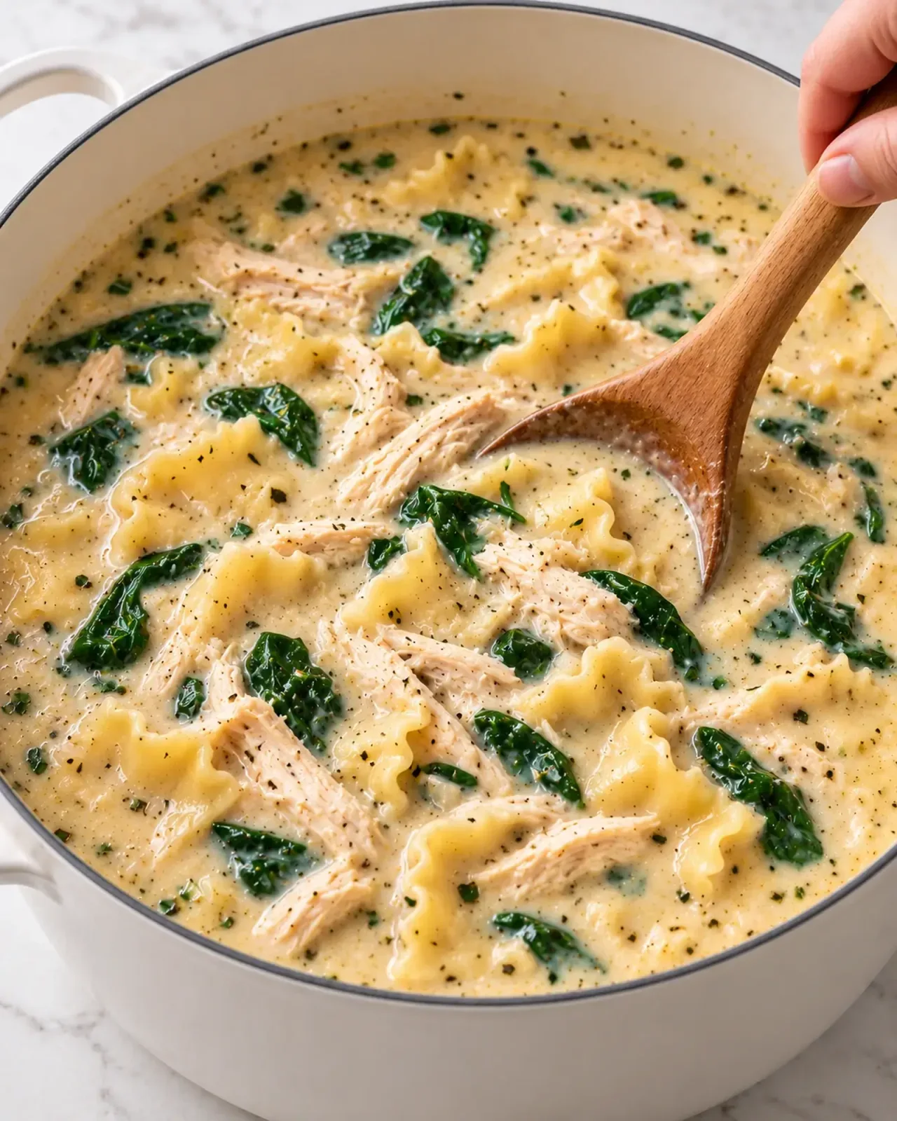 Creamy white chicken lasagna soup with cooked chicken, broken lasagna noodles, and spinach in a soup pot.
