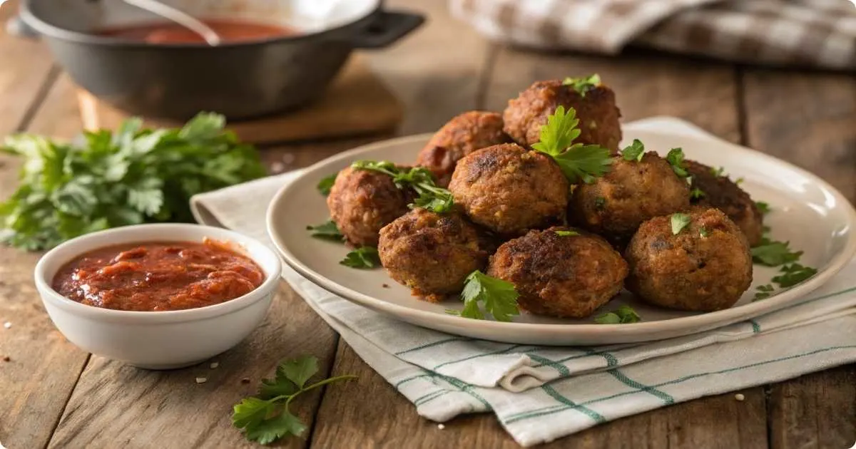 A plate of crispy air-fried meatballs with marinara sauce on a wooden table.