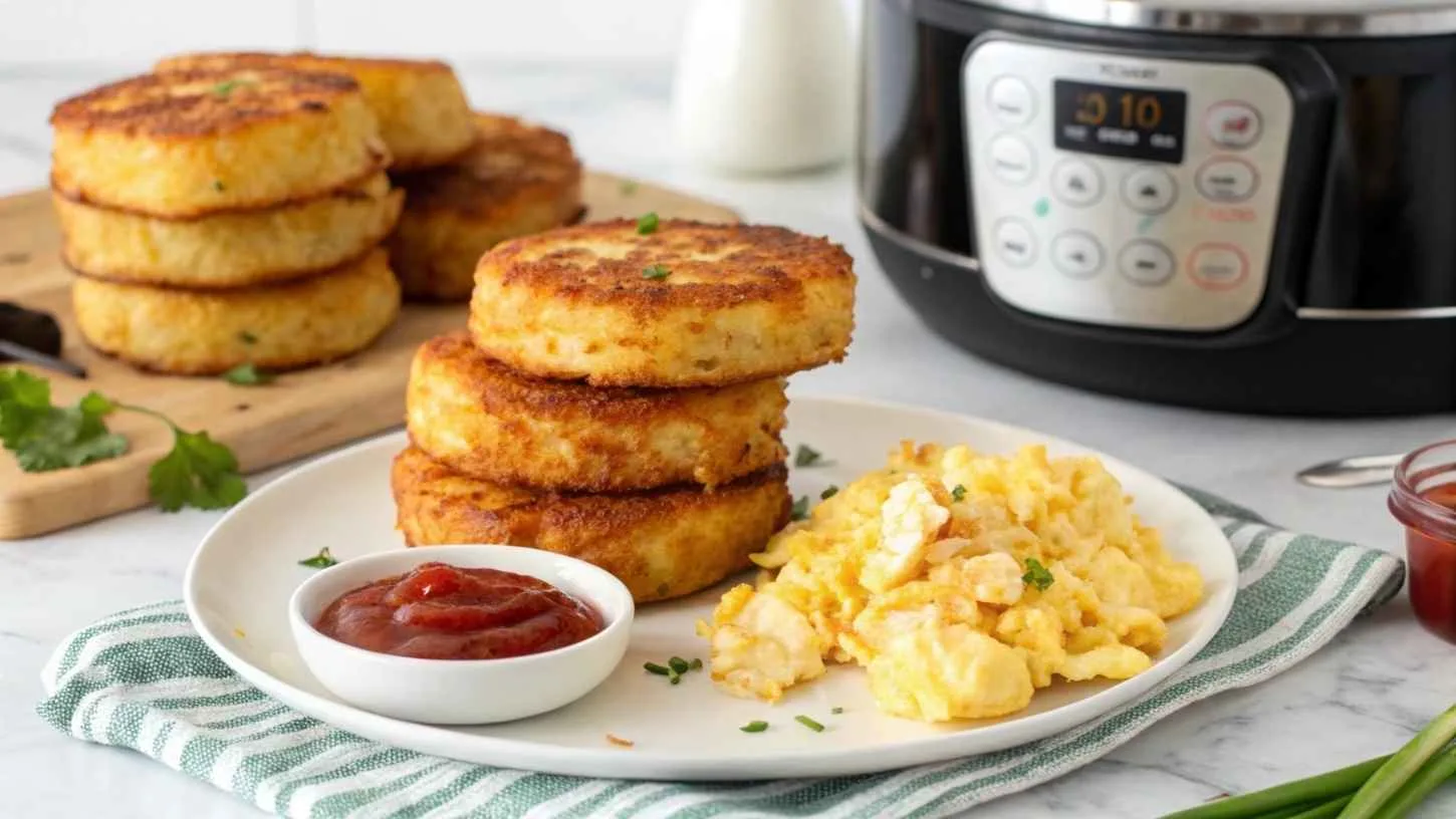 Golden and crispy air fryer hash browns served with eggs and bacon, with an air fryer in the background on a kitchen counter