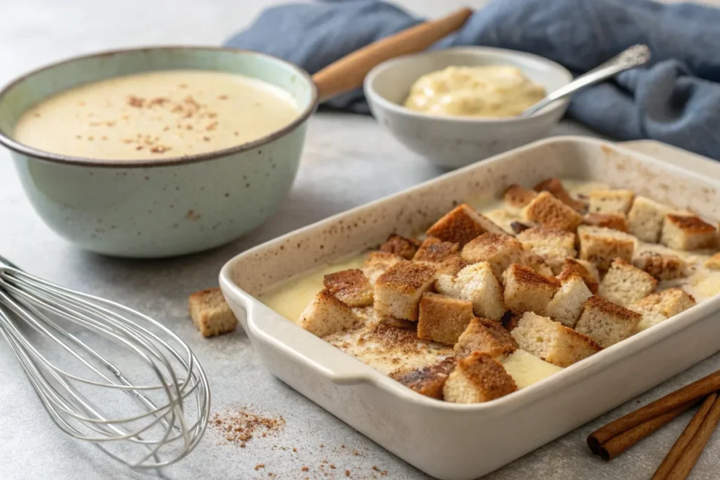 Sourdough French Toast Casserole 3 Cubed sourdough bread soaked in custard in a baking dish, sprinkled with cinnamon, ready to bake.
