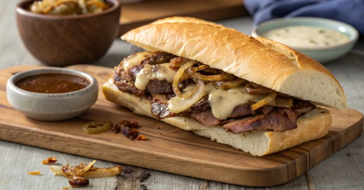 Philly cheesesteak sandwich with ribeye, melted cheese, and caramelized onions on a wooden board, showcasing its rich flavors