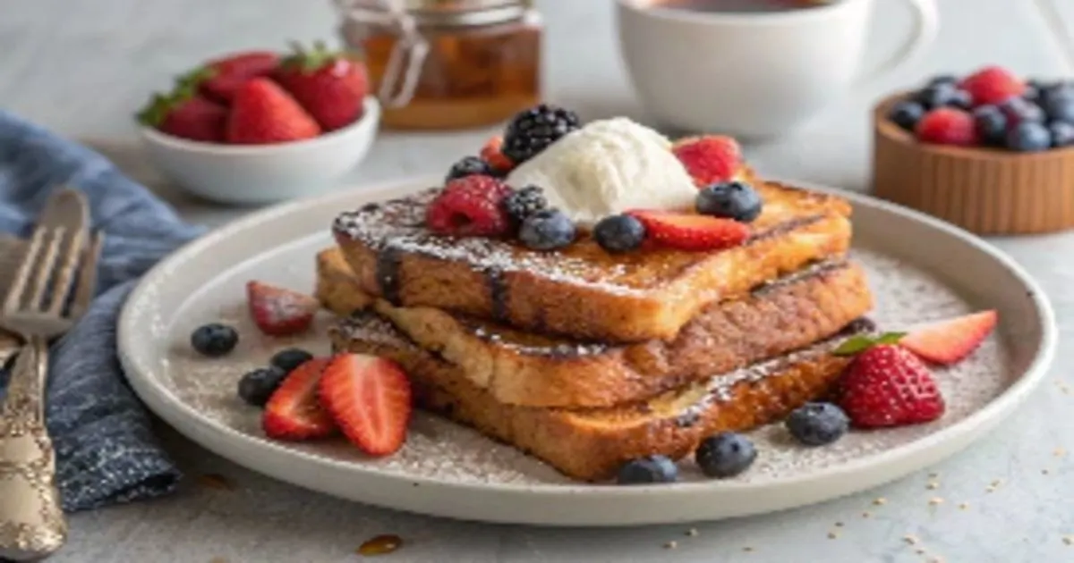 Golden sourdough French toast topped with powdered sugar, fresh berries, and syrup on a rustic table setting.