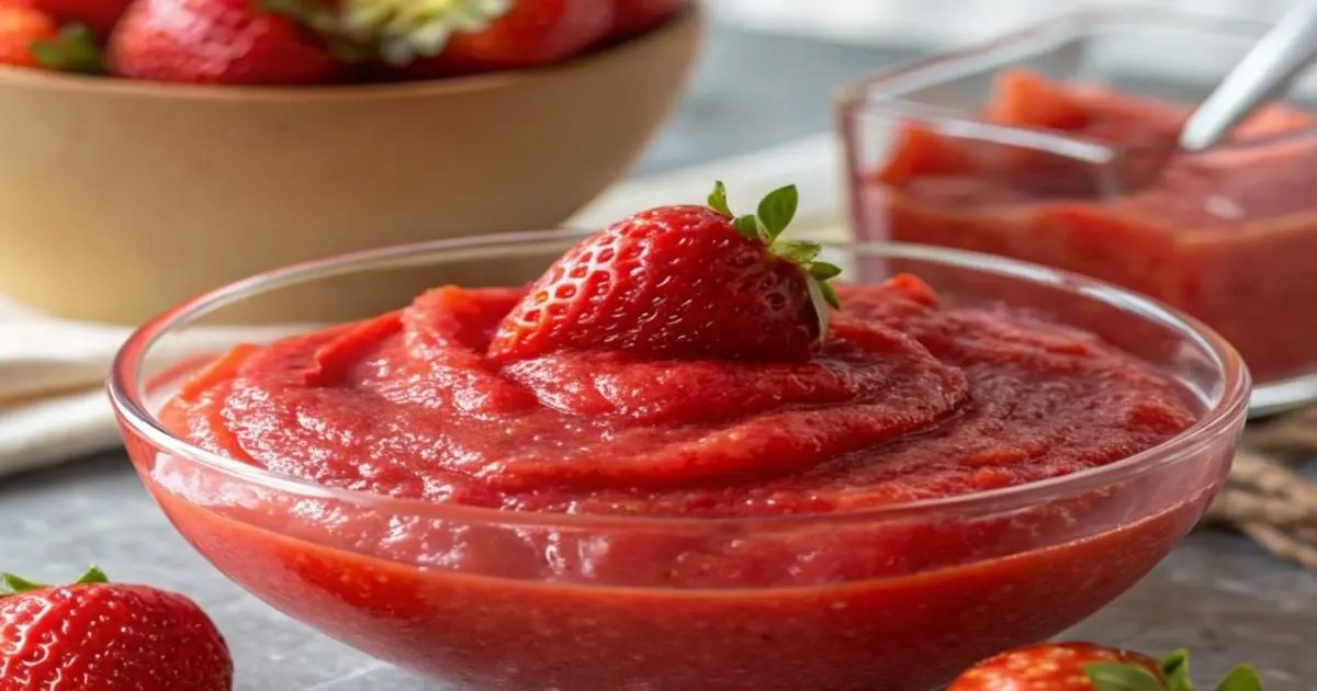 Smooth and vibrant strawberry puree in a glass bowl, with a spoon resting on the side, showcasing its rich red color and creamy texture.