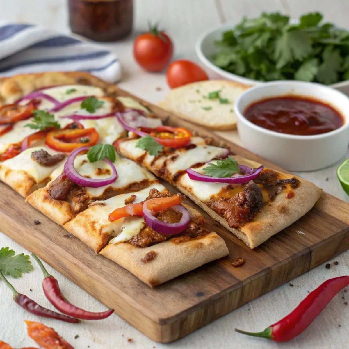 BBQ chicken flatbread served on a rustic board with fresh toppings and drizzled BBQ sauce.