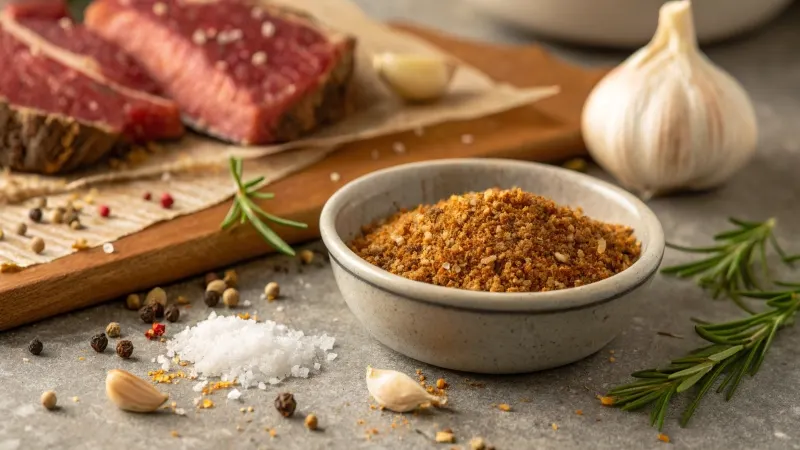 Philly Cheesesteak Seasoning Guide 2 Philly cheesesteak seasoning blend in a small bowl with raw steak slices and fresh garlic in the background.