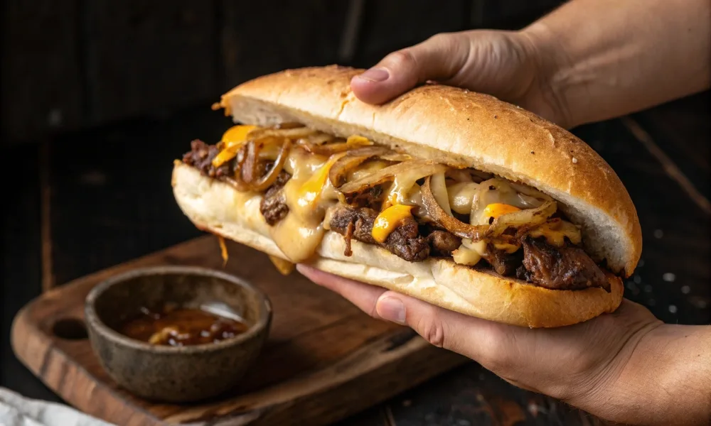 Philly Cheesesteak Seasoning Guide 4 Freshly made Philly cheesesteak sandwich with melted cheese and caramelized onions in a toasted hoagie roll.