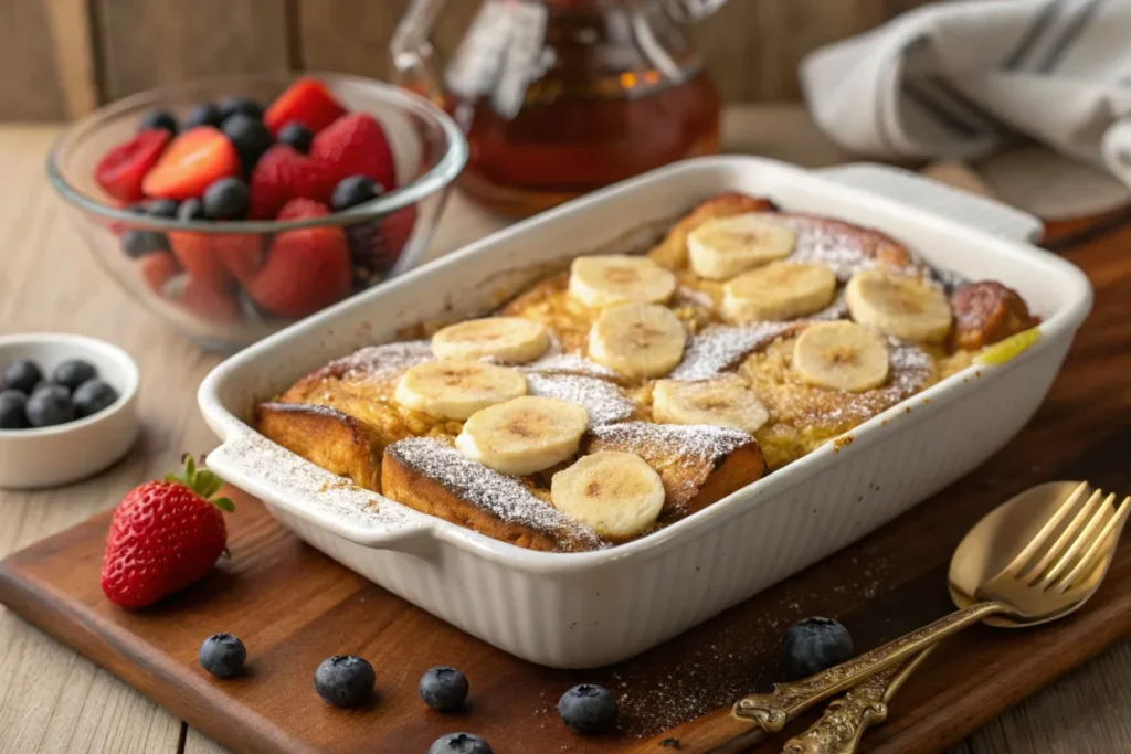 Sourdough French Toast Casserole 4 Baked sourdough French toast casserole topped with powdered sugar, bananas, and maple syrup, served with fresh berries.