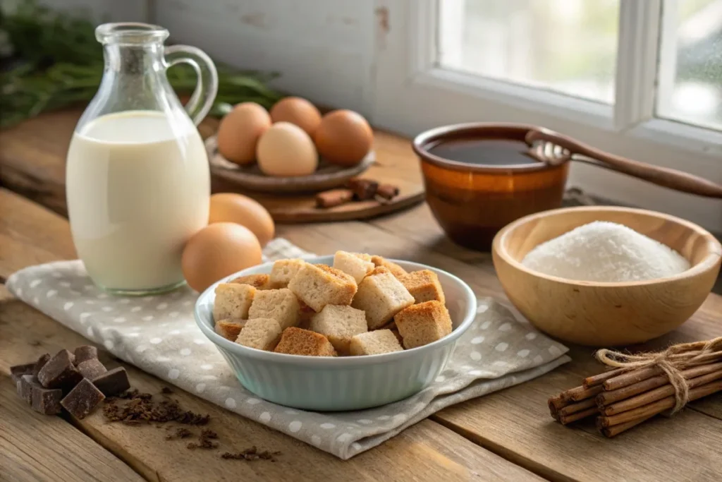Sourdough French Toast Casserole 2 Ingredients for sourdough French toast casserole, including sourdough bread cubes, eggs, milk, brown sugar, and cinnamon on a wooden table.