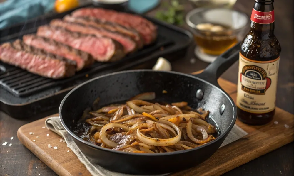 Philly Cheesesteak Seasoning Guide 3 Caramelized onions in a skillet with Worcestershire sauce and steak slices cooking nearby.