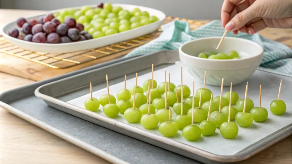 How to Make the Best Candied Grapes Recipe at Home 2 Skewered green grapes prepared for making candied grapes.