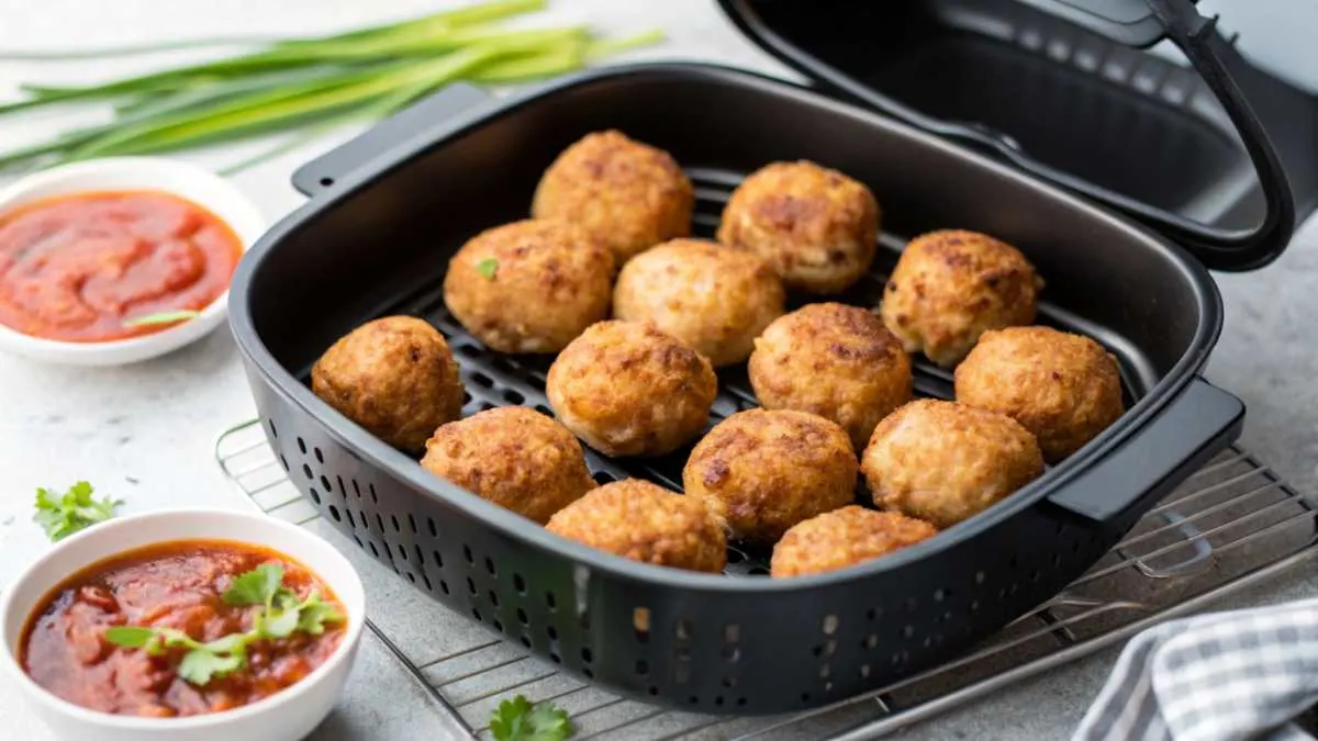 Golden-brown frozen meatballs freshly cooked in an air fryer basket, served with marinara sauce.