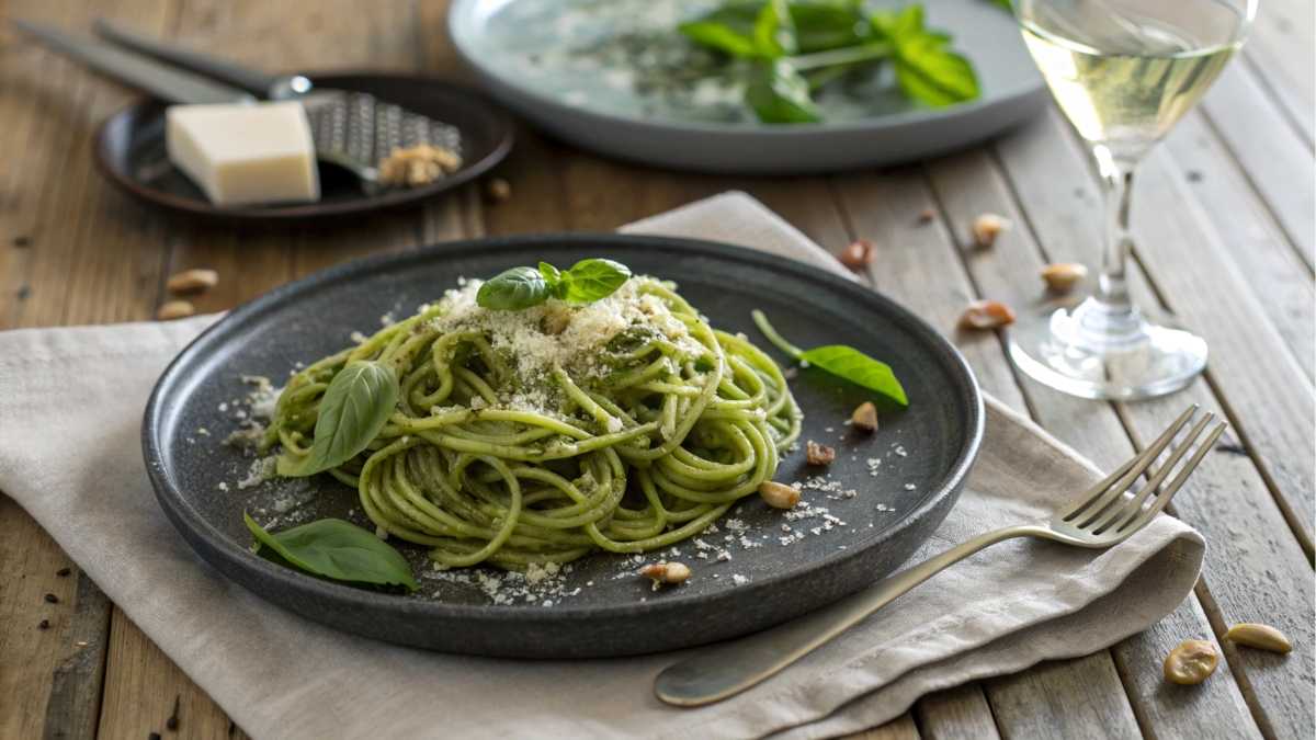 Elegantly plated green spaghetti on a dark ceramic plate, garnished with basil, Parmesan, and nuts, on a wooden table with a glass of white wine and silverware on a linen napkin, bathed in soft, natural light