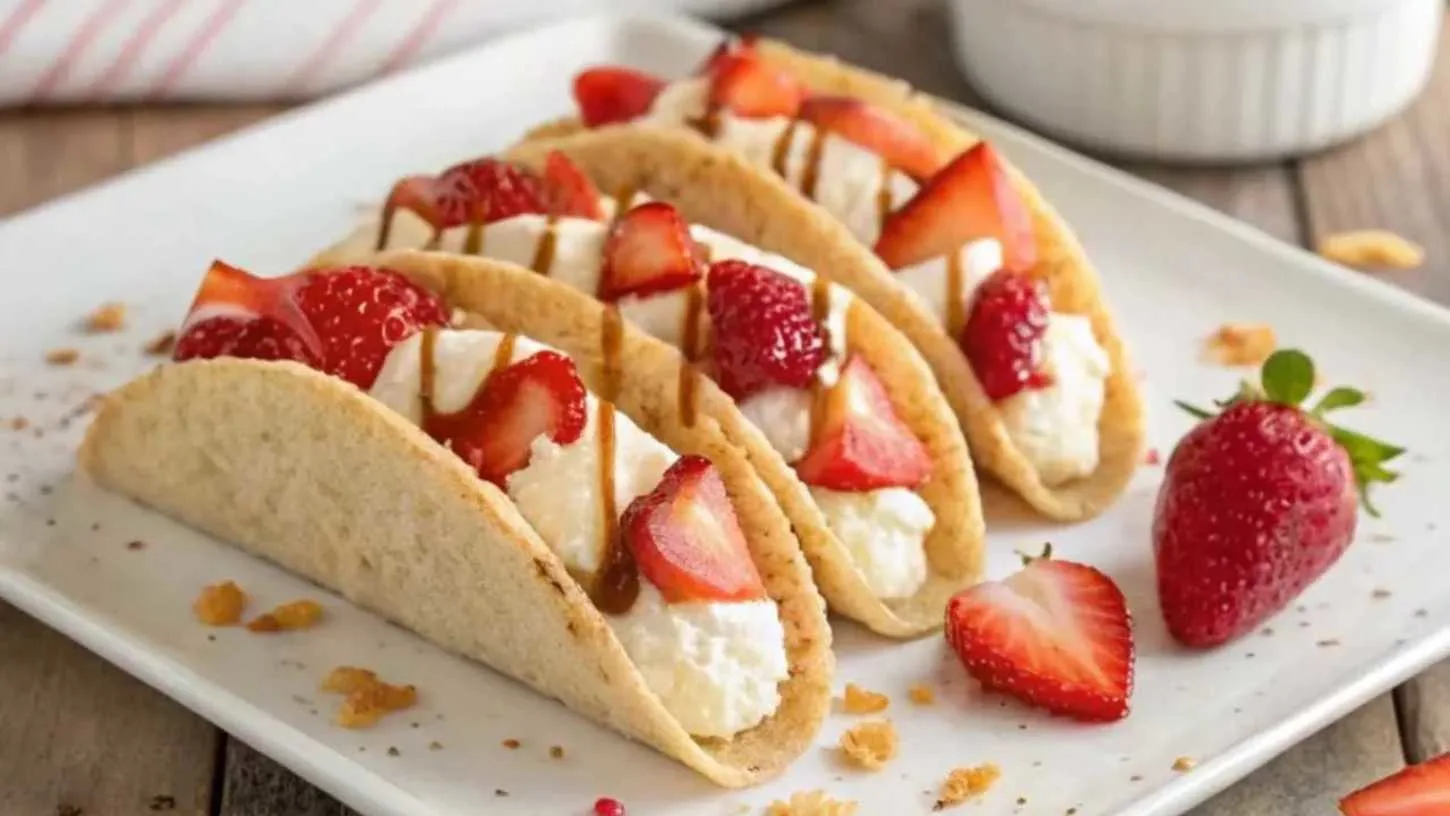 Strawberry Cheesecake Tacos with creamy filling and fresh strawberries.