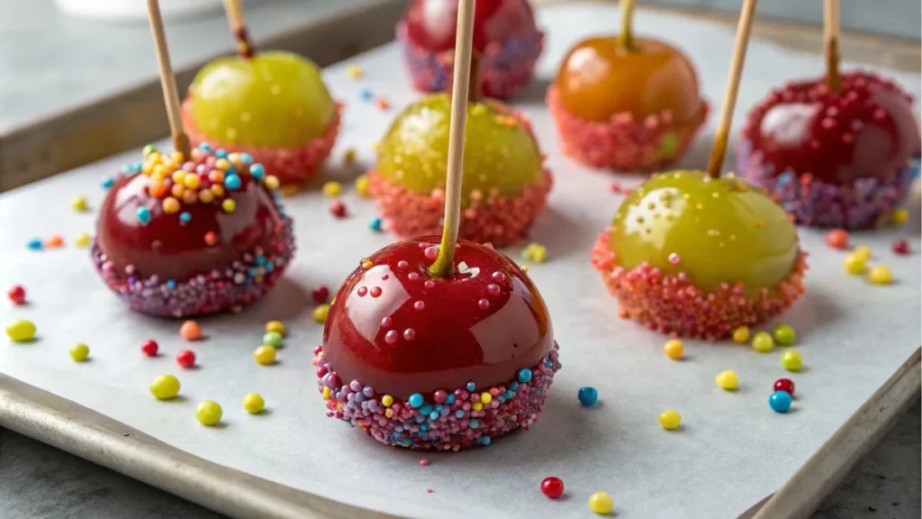 How to Make the Best Candied Grapes Recipe at Home 4 Freshly dipped candied grapes with colorful candy shells and sprinkles on parchment