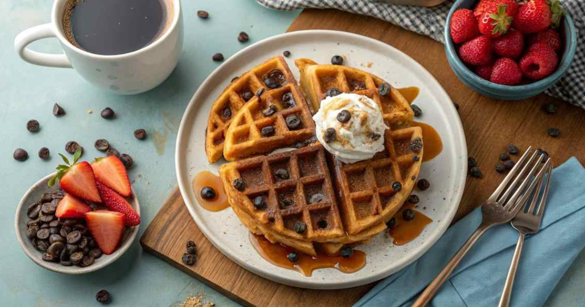 Golden chocolate chip waffles topped with whipped cream and syrup, surrounded by a cozy breakfast spread